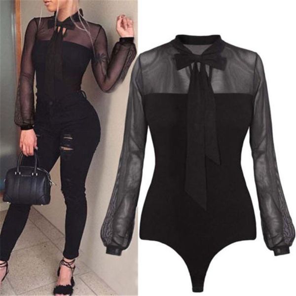 

women bowtie long sleeve lace-up mesh patchwork bodysuit bow leotard bodycon see through black clubwear jumpsuit, Black;white