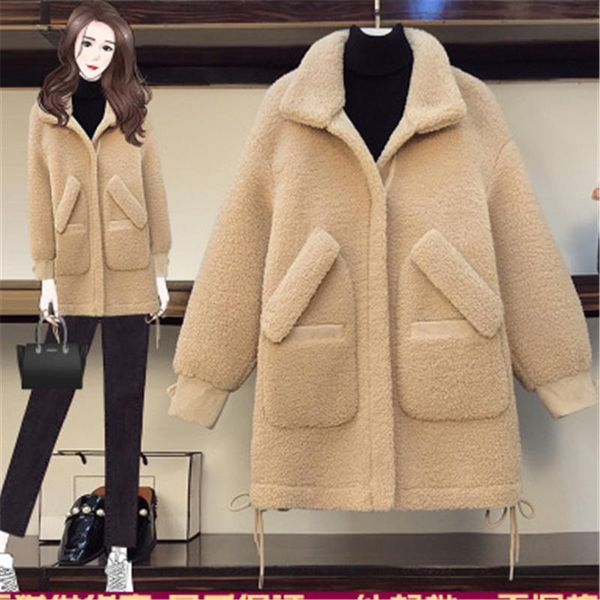 

women's fur & faux lamb cashmere jacket 2021 autumn winter fashion style one lapel long sleeve loose plus size coat trend, Black