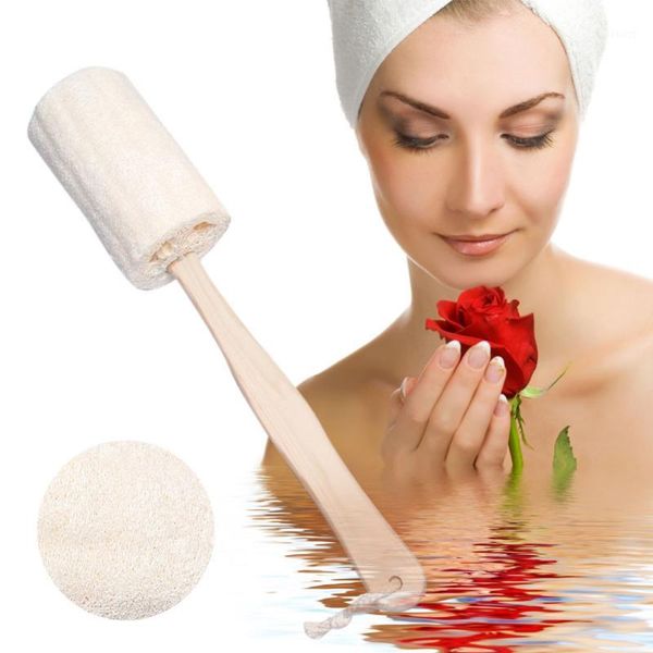 

wholesale- 1 piece exfoliating body bath shower natural loofah bath brush with long handle wood body shower bath spa scrubber banheiro1