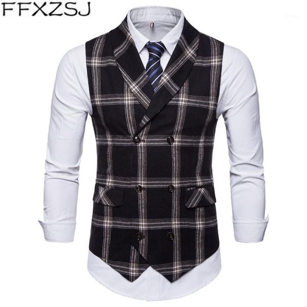 

ffxzsj2019 new slim fit mens waistcoat casual suit vest men plaid style men chalecos hombre business dress vest sleeveless gilet1, Black;white