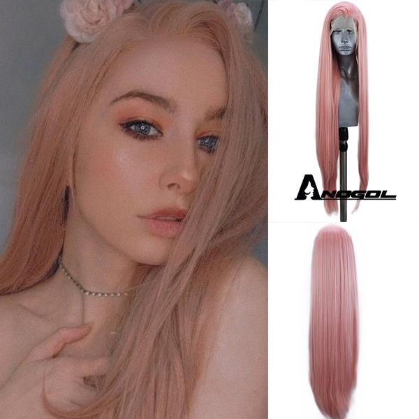 

anogol blue red pink grey black white blonde synthetic lace front wigs long natural straight for women high temperature fiber, Black;brown
