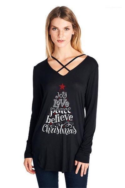 

long sleeve loose christmas tees ladies casual clothes women letter v neck tshirt overlapping, White