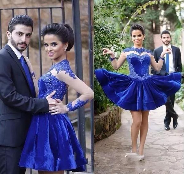 

velvet short cocktail dresses vintage high neck lace appliques short prom gowns long sleeves arabic homecoming dresses p40, Blue;pink
