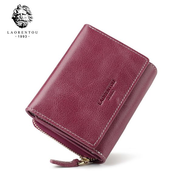 

laorentou genuine leather wallets women card holder female casual short coin purse ladies large capacity money bag small wallet c1115, Red;black