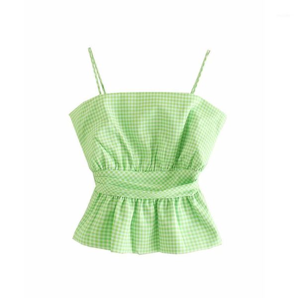 

women sweet plaid camis sleeveless adjustable straps back elastic crop female chic cute green summer blusas1, White