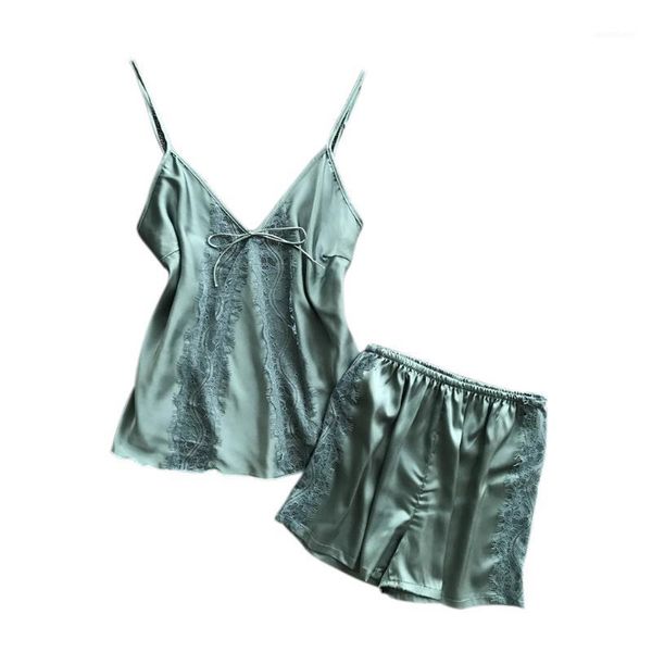 

women sling v neck lace with pad elegant out casual ladies shorts camisole satin lingerie nightwear set gift1, Black;red