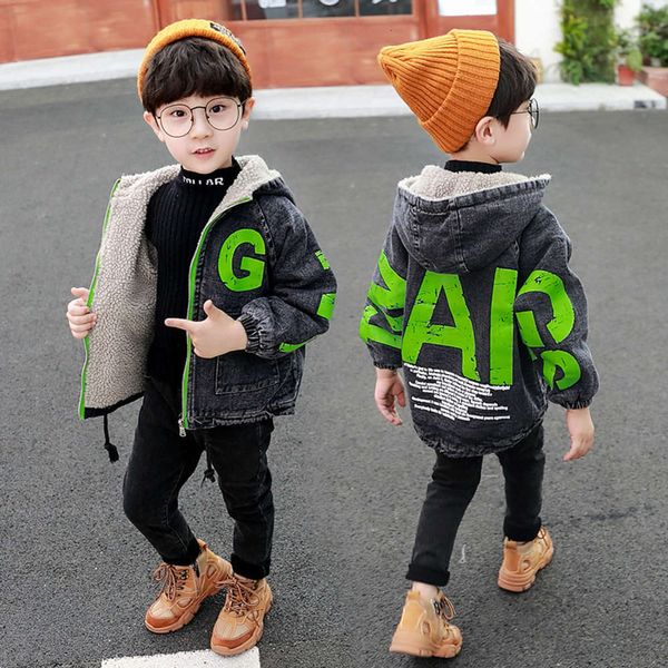 

boys' lambwool jeans winter 2020 new korean hooded children's wear zipper coat with cashmere for middle and small children, Black