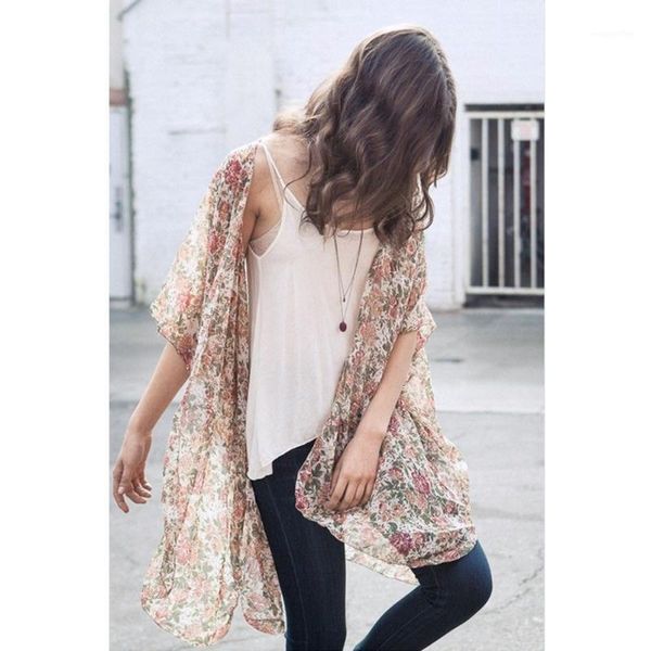 

2018 new long kimono cardigan rose floral print v-neck short sleeve vintage chiffon kimonos shirts summer on vacation blouse1, White