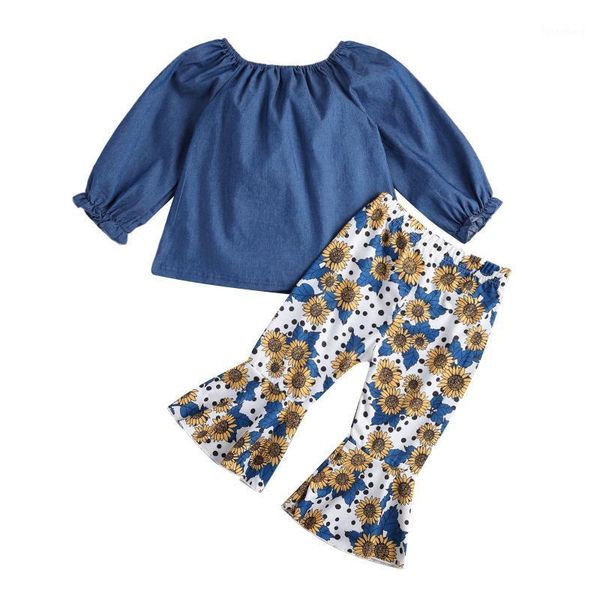 

2021 1-6y kids baby girl clothing blue solid color long sleeve off-shoulder +sunflower printed flared long pants for spring1, White