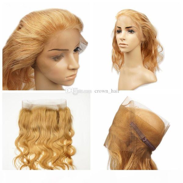 

honey blonde #27 body wave human hair bundles 3pcs with 360 lace band frontal closure 22.5*4*2 adjustable straps with baby hair, Black