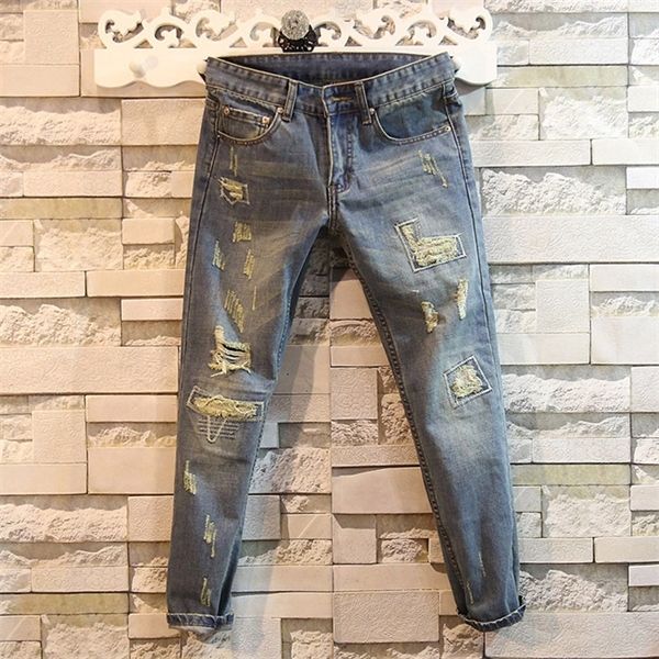 

spring and autumn 2020 fashion casual patch men's jeans ripped hole teenagers pencil pants feet denim pants slim youth pants men q1216, Blue