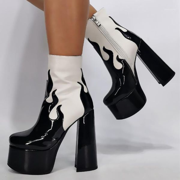 

womens platform match colors ankle boots block high 15cm heel riding punk motorcycle side zipper plus size new 20211, Black