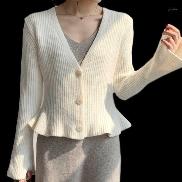 

2020 autumn winter women sweater cardigans flared sleeves v neck knit cardigans solid color outerwear sueter mujer poncho1, White