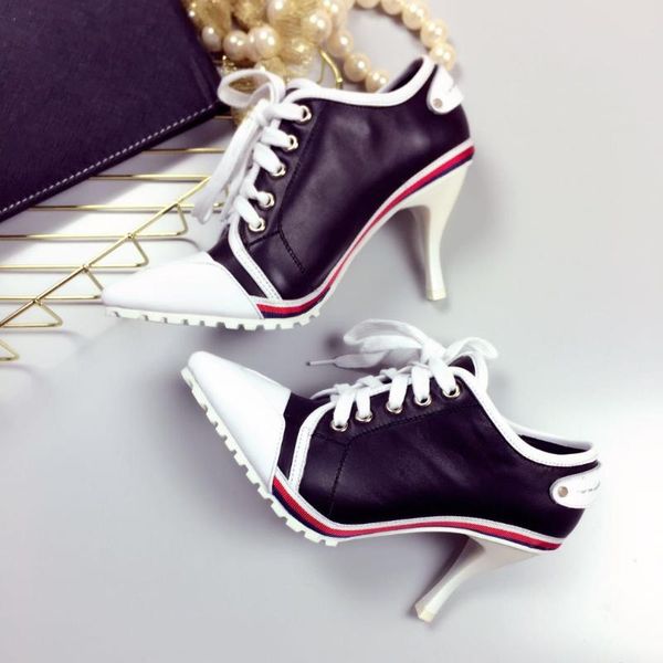 

women pumps european high heels 8.5cm leather casual candy color pointed toe women shoes bovine skin with rubber singles shoes, Black