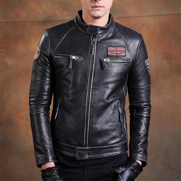 Бесплатная доставка, Biker Brand Style Vintage Мужская качественная натуральная кожаная куртка Slim 100% натуральный слой воловьей кожи. Одежда LJ201029