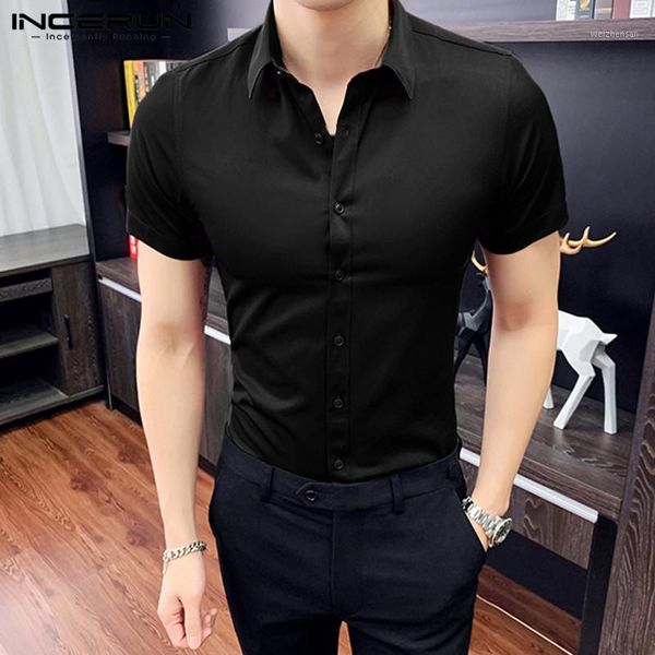 

2020 fashion men brand shirt social lapel short sleeve streetwear button camisa solid color dress business shirts s-5xl incerun1, White;black