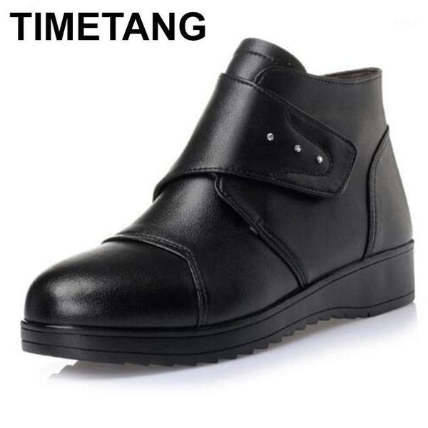 

boots timetang 2021 plus size warm comfort winter plush and wool snow flat non-slip cow leather shoes1, Black
