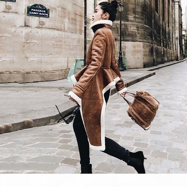 

livivio] irregular fleece coats pu leather turtleneck zipper midi long coat winter thick female large size tide clothing, Black