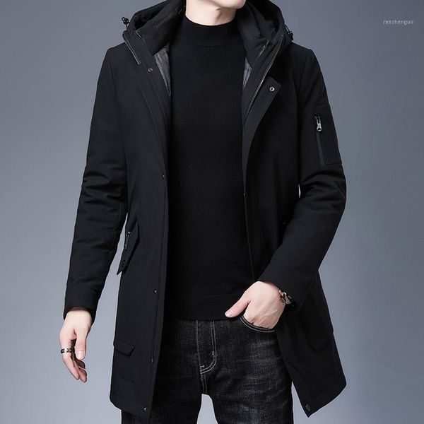 

justar men's new winter medium long down coat with thickened large pocket hooded business casual coat1, Black