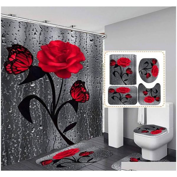 

bathroom sets shower curtain set 4 pieces a set waterproof washroom bath curtains lid toilet cover mat non-slip pedestal rug set