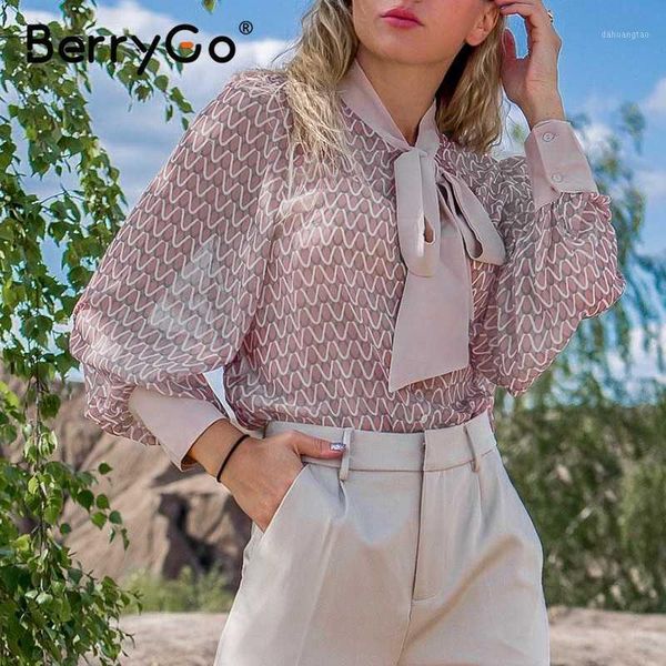 

berrygo casual geometric long sleeve blouse shirt 2020 summer spring women blouses elegant pink work wear tie neck female, White