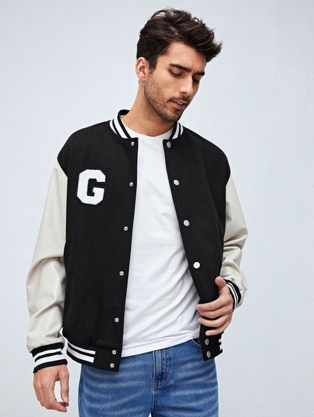 

men letter patched color block bomber jacket j7i2#, Black;brown