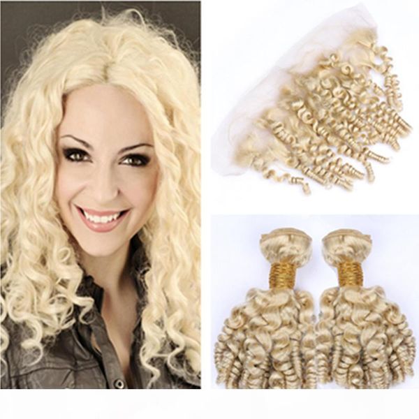 

блондинка фунми фигурного русские волосы weave связка 2pcs с фронтальными # 613 blonde надувных утками curly человеческих волос с 13x4 lace, Black;brown