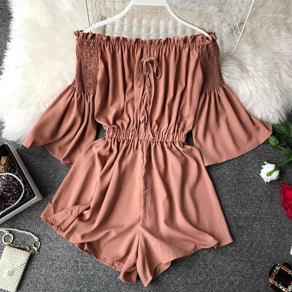 

fashion lace up off shoulder jumpsuit casual women flare sleeve short summer solid slash neck playsuit beach holiday romper1, Black;white