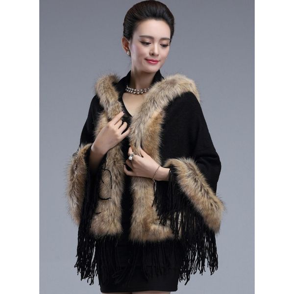 

schinteon women wool knitting cape cardigan poncho winter coat faux raccoon fur trim hood tassel warm f bbyjiy, Black
