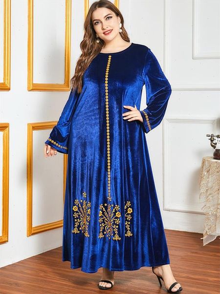 

velvet gold thread embroidery maxi dress winter 2021 royal blue women o neck long sleeve modest muslim arabic clothes, Black;gray