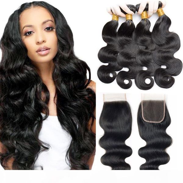 

4 body wave human hair bundles with closure unprocessed 7a virgin human hair bundles natural black wet and wavy human hair