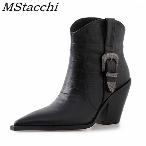 

mstacchi genuine leather solid color grid pattern side gold belt buckle women short boots pointed madam shoes botki damskie1, Black