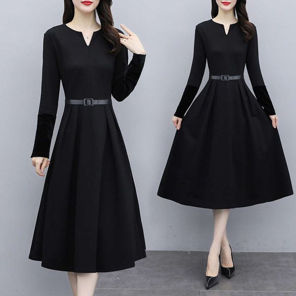 

black dress women's early autumn new fat mm large size temperament show thin foreign style age reducing long sleeve bottomed skirt, Black;gray