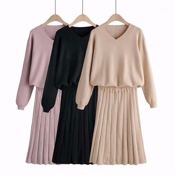 

two-piece v-neck solid color knitted sweater women loose folds simple elastic band sweater skirt femal set pullover 20201, White