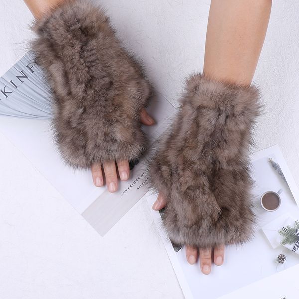 

women's real sable knitted fingerless 100% mittens winter gloves for girls mink fur