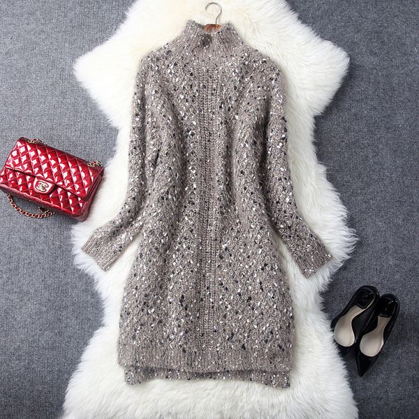 

autumn and winter women's new knitted half high collar pullover loose long sleeve bottomed sweater dress t7871
