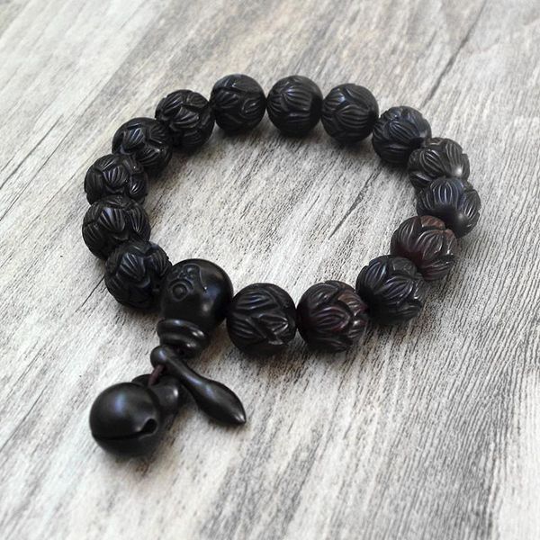 

charm bracelets 13mm women men's tibetan buddha sculpture lotus wood beads bracelet carve prayer mala chakra strand, Golden;silver