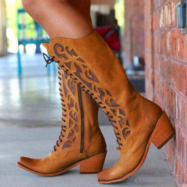 

boots autumn winter 2021 chunky platform women black pu leather knee high woman thick bottom lace up long booties#