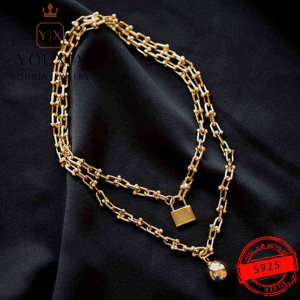 

tf 925 silver t necklace customized fashion trend charming double winding big golden ball necklace with lover wedding gift aa220315