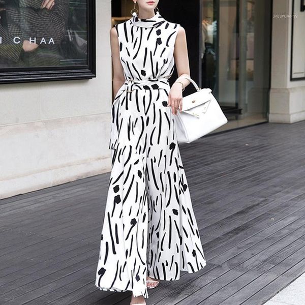 

women's jumpsuits & rompers fashion striped printed jumpsuit ladies stretch high waist casual sleeveless wide leg overalls1, Black;white