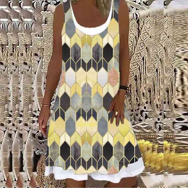 

womens dress retro geometric plaid printed dress round neck sleeveless loose beach sundress female vestidos, Black;gray