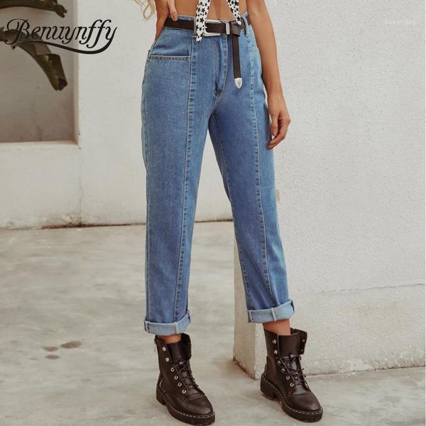 

benuynffy 2020 autumn winter streetwear vintage office woman jeans casual high waist jeans female baggy straight denim pants1, Blue