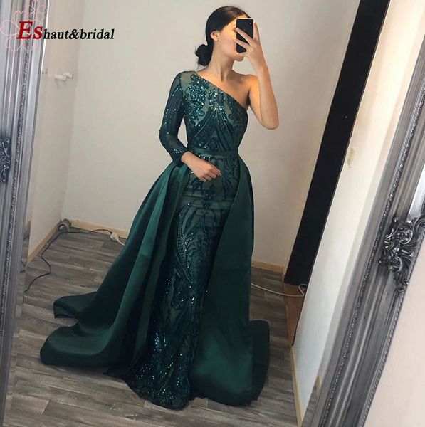 

elegant evening dress 2020 muslim long sleeves mermaid with detachable train sequin one shoulder prom party gowns lj201124, White;black