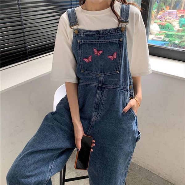 

casual s 4xl oversize jeans for women vintage wash denim jumpsuit loose large pocket rompers cute butterfly embroidery overalls, Blue