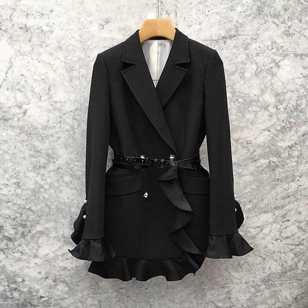 

womens blazer black patchwork ruffle womens suit notched long sleeve high waist with sashes blazer female 2020 autumn fashion1, White;black