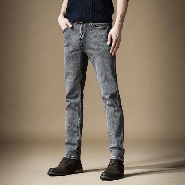 

men's jeans business casual men summer dark gray stretch denim straight loose pants, Blue