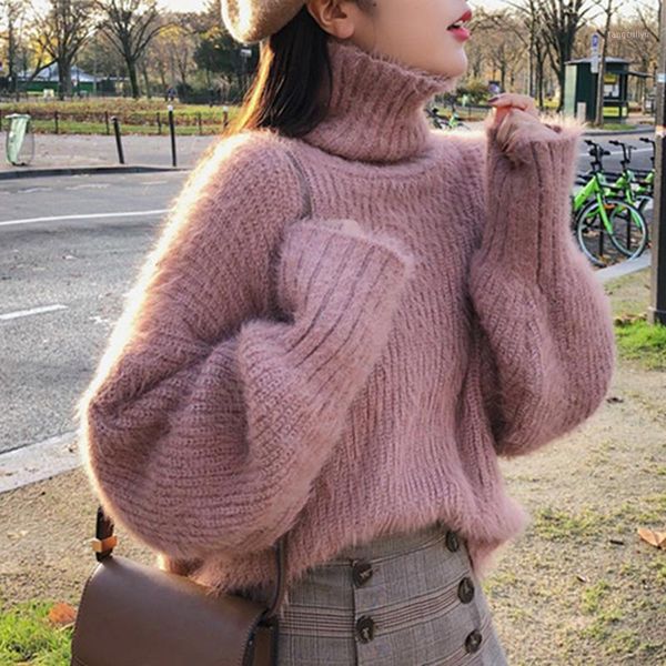

jsxdhk 2020 fashion turtlenek warm sweater winter pink mink cashmere thick long sleeve pullovers casual loose knitted jumpers1, White;black