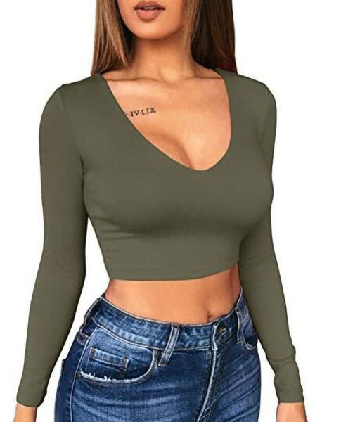 

20ss women shirts solid color tight v-neck juicy tracksuit long sleeved slim solid color crop t-shirt, White