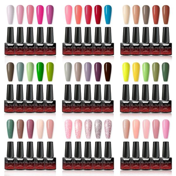 

t-tiao club nail gel polish set 5/6pcs gel kit set for manicures glitter sequins soak off uv varnishes for nail art design, Red;pink