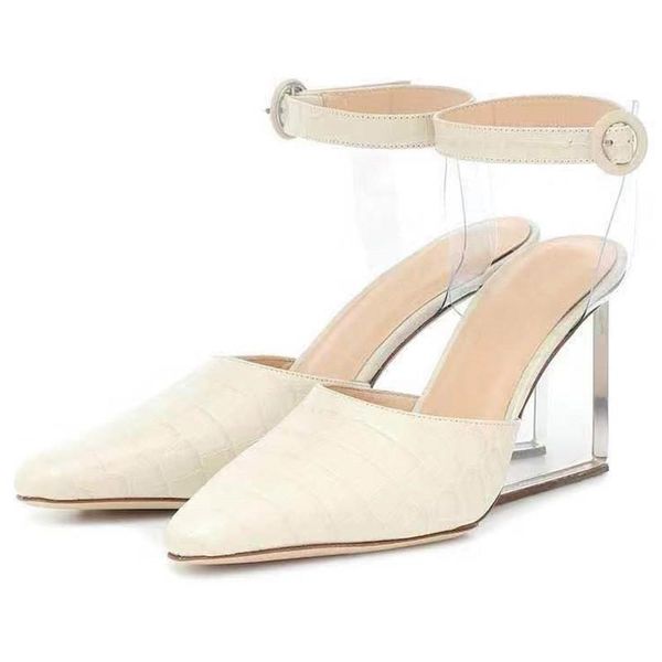 Clear Crystal Wedges Gladiador Sandálias Mulheres Transparentes PVC tornozelo cinta pontiaguda ponta de couro genuíno sapatos de corrida mulher